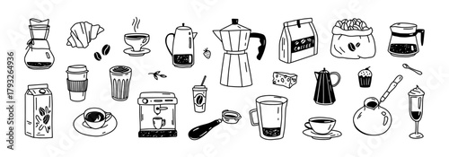 Doodle coffee. Hand drawn coffee shop elements, coffee maker, coffee grinder, coffee pot, take-away paper cups and mugs. Espresso drink vector isolated set