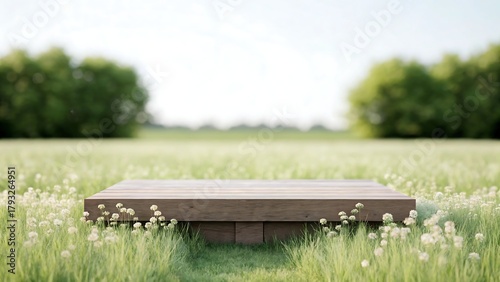 Wooden platform on a grassy meadow with small white flowers and trees