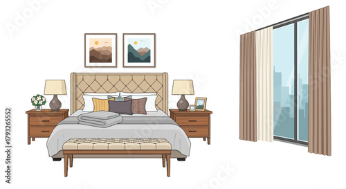 A stylish bedroom interior featuring a large bed and window view