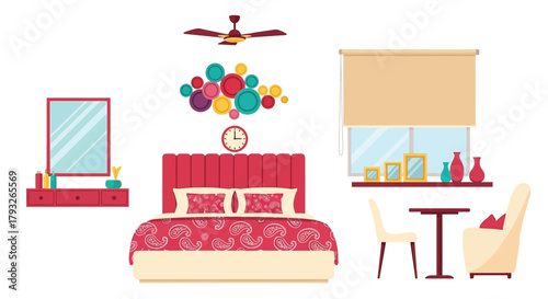A colorful and cozy bedroom interior with furniture and decor elements