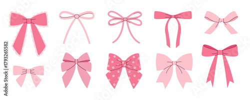 Vector set of cute pink bows in a flat style.  A decorative set, hand-drawn. The vector illustration is isolated.