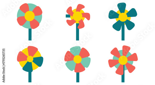 Colorful stylized flower illustrations with simple shapes and vibrant color palettes