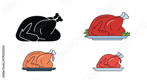 Roasted turkey illustrations in varied styles and color schemes for design