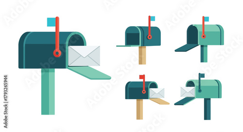 A collection of teal mailboxes with open and closed flaps for delivery