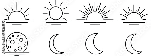 Time of day simple line icon set. Vector pictograms of sunrise, noon sun, sunset, full moon, crescent moon, thin stroke illustration.