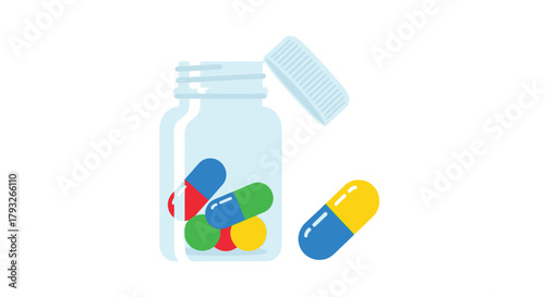 A clear bottle with colorful capsules and an open lid illustration
