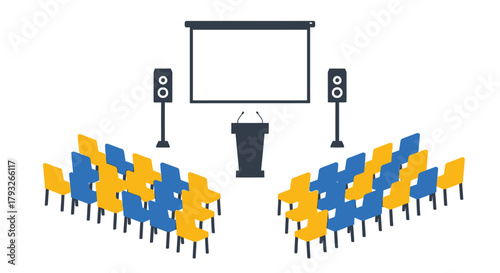 Empty lecture hall with a projection screen podium and rows of seating