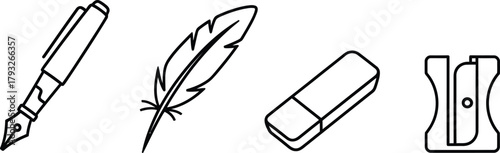 Writing materials simple line icon set. Vector pictograms of fountain pen, quill, eraser, pencil sharpener, simple thin outline illustration.
