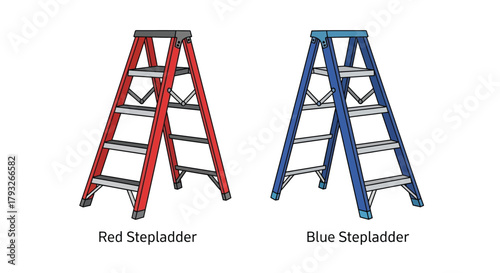 Two stepladders one red and one blue are shown against a white background