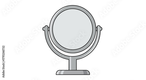A simple illustration of a grey oval shaped vanity mirror on a stand