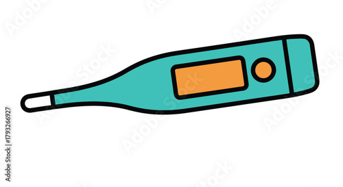 A simple illustration of a digital thermometer with a teal colored body