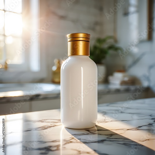 Elegant white bottle with gold cap on marble countertop