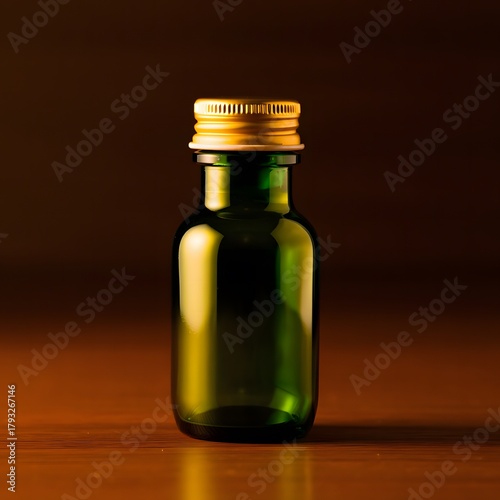 Small green glass bottle with gold cap on wooden surface