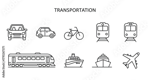 Line art illustration of various transportation methods cars trains ships and planes