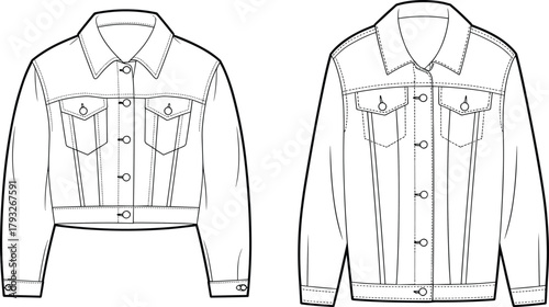 Denim jacket technical flat sketch, front view clothing template, fashion vector illustration, casual outerwear design for apparel, garment industry and designers