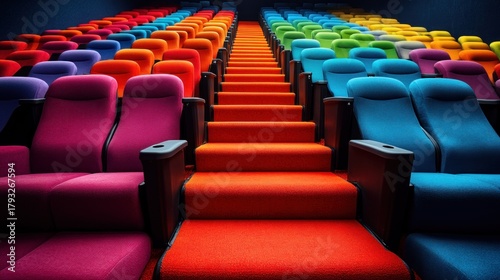 Colorful theater seats in a tiered design