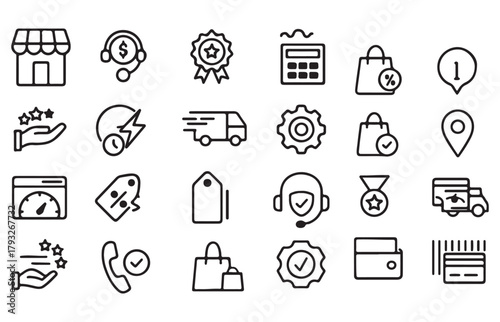 Collection of hand drawn black and white icons representing various aspects of online and offline shopping and business operations