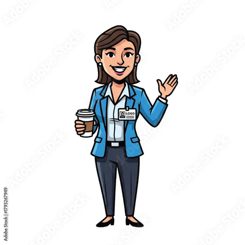 Friendly businesswoman with coffee cup waves hello, ready for a productive day of meetings and collaboration.