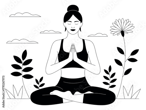 A woman in a meditative pose finds inner peace surrounded by nature's elements.