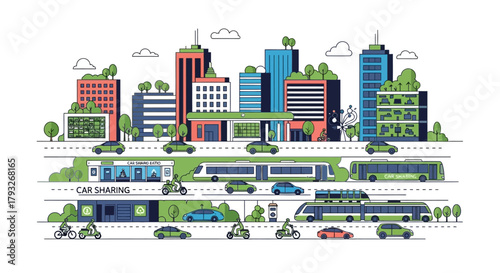 Sustainable Urban Cityscape with Green Buildings and Eco-Friendly Transportation.
