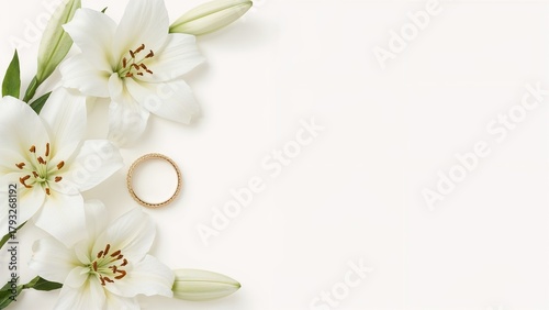 White lilies with a ring and wedding bands, romantic and wedding concept. Floral decoration and celebration items. The theme of love and marriage.