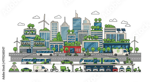 Eco friendly city skyline with sustainable transport and green buildings.