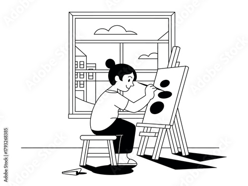 A person sits at an easel and paints a picture by the window.