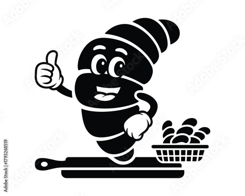 Cartoon croissant character giving thumbs up next to basket of croissants