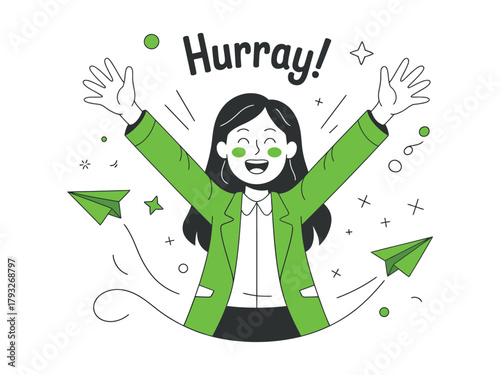 A woman with her arms raised in celebration exclaims 'Hurray!' surrounded by paper airplanes.