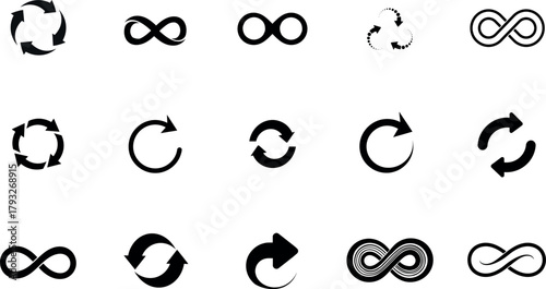 Set of black and white infinity and recycle icons