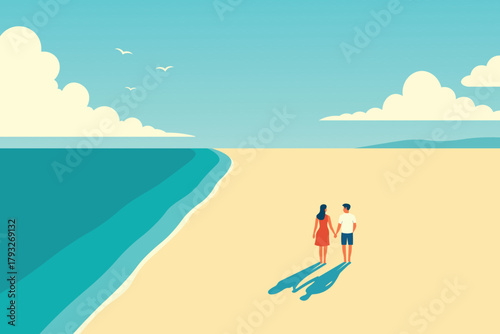 A minimal flat vector illustration Beachside Illustration Featuring a Couple Walking Near the Shoreline