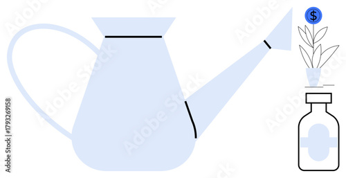 Large watering can pouring onto a plant sprouting from a medicine bottle with a dollar sign. Ideal for healthcare investment, financial growth, wellness funding, pharmaceutical support, innovation