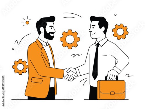 Two businessmen shake hands as a symbol of partnership and agreement in a business deal.