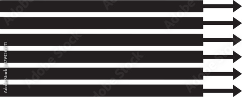 Seven horizontal black arrows pointing right on white background direction forward