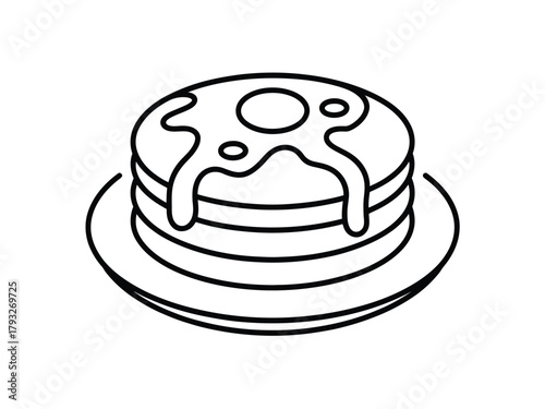 A stack of pancakes is served on a plate with syrup drizzled on top.