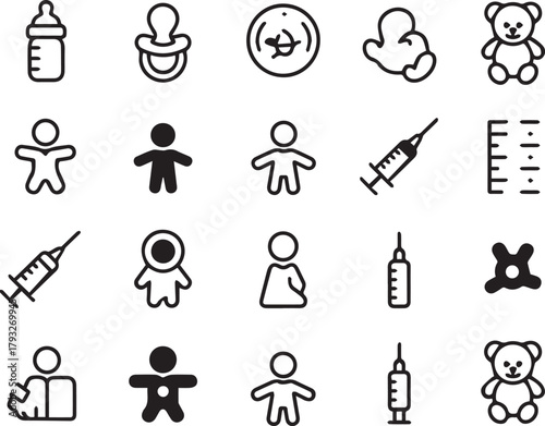 Essential Infant Growth and Vaccination Symbols Outline Vector Icon Set