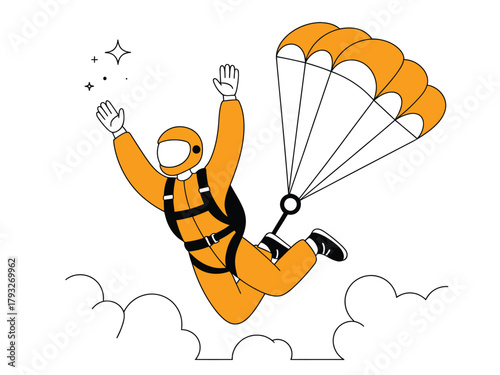 A person in an orange jumpsuit skydives with an orange parachute above clouds.