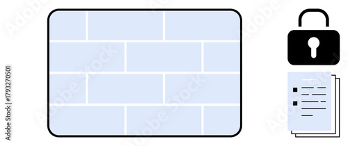 Wall grid represents a firewall, documents with lock symbolize secure data storage, encryption, confidentiality. Ideal for cybersecurity, privacy, data protection, safety, encryption IT solutions