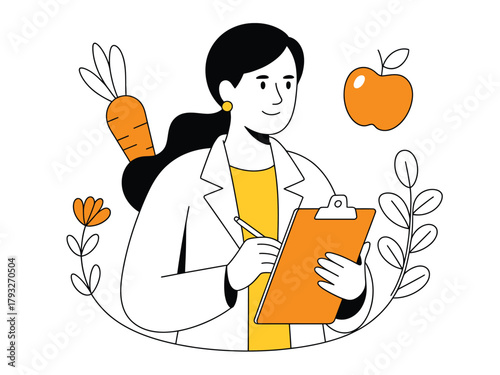 A nutritionist is writing notes on a clipboard surrounded by healthy food and plants.