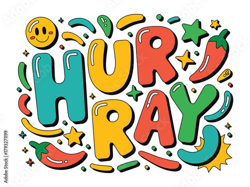 Hooray text with cheerful colorful elements and chili peppers against a white background.