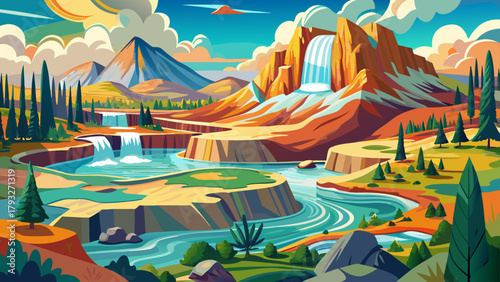 Very beautiful scenes around Yellowstone National Park in Wyoming, featuring geothermal geysers, colorful hot springs, waterfalls, and vast landscapes with forests, rivers, and wildlife, capturing the