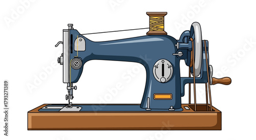 Vintage Sewing Machine on Wooden Base.