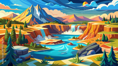 Very beautiful scenes around Yellowstone National Park in Wyoming, featuring geothermal geysers, colorful hot springs, waterfalls, and vast landscapes with forests, rivers, and wildlife, capturing the