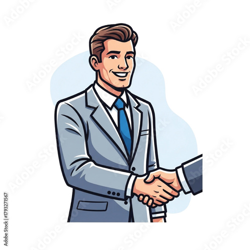 Confident professional man in suit shaking hands, sealing a successful business deal with a warm smile and handshake