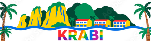 Krabi vector landscape with cliffs and hotels on white background