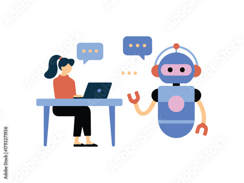 A woman communicates with a robot via a laptop computer, representing AI interaction.