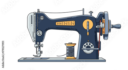 Vintage Sewing Machine Illustration with Intricate Details.