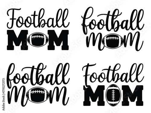 Four different football mom graphic designs featuring a football illustration.