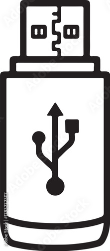 Black Outline Icon of aUSB Flash Drive with USB Symbol on White Background Keywords: USB, flash drive, storage, memory, data, transfer, computer, technology, digital, on transparent background