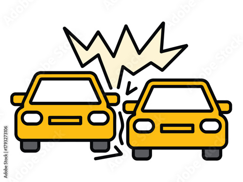 Two yellow cars collide in a traffic accident with a graphical representation of impact.
